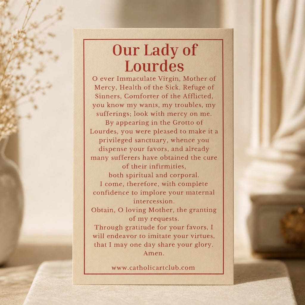 Our Lady of Lourdes prayer card back, full prayer to Our Lady of Lourdes printed