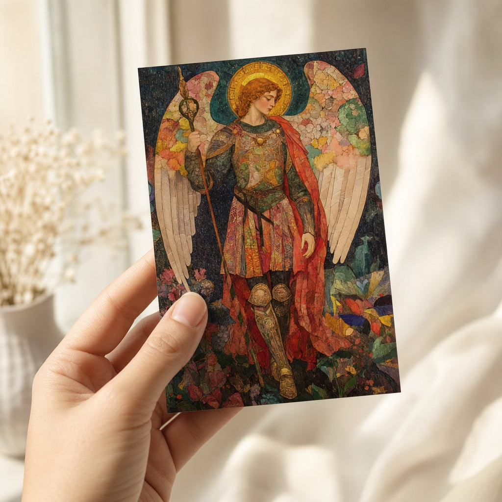 Hand holding a 4x6 Saint Michael the Archangel prayer card with mosaic-style artwork