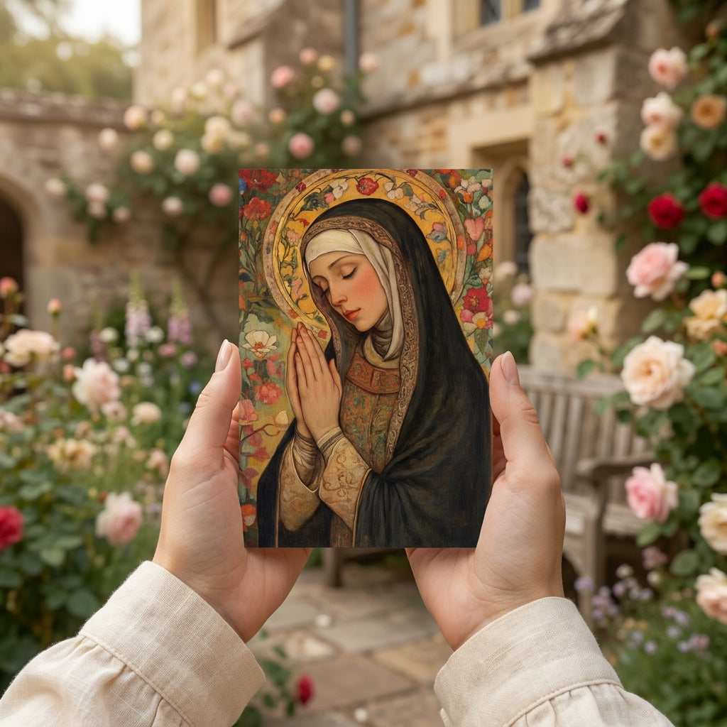 Hands holding Saint Rita prayer card in a rose garden courtyard