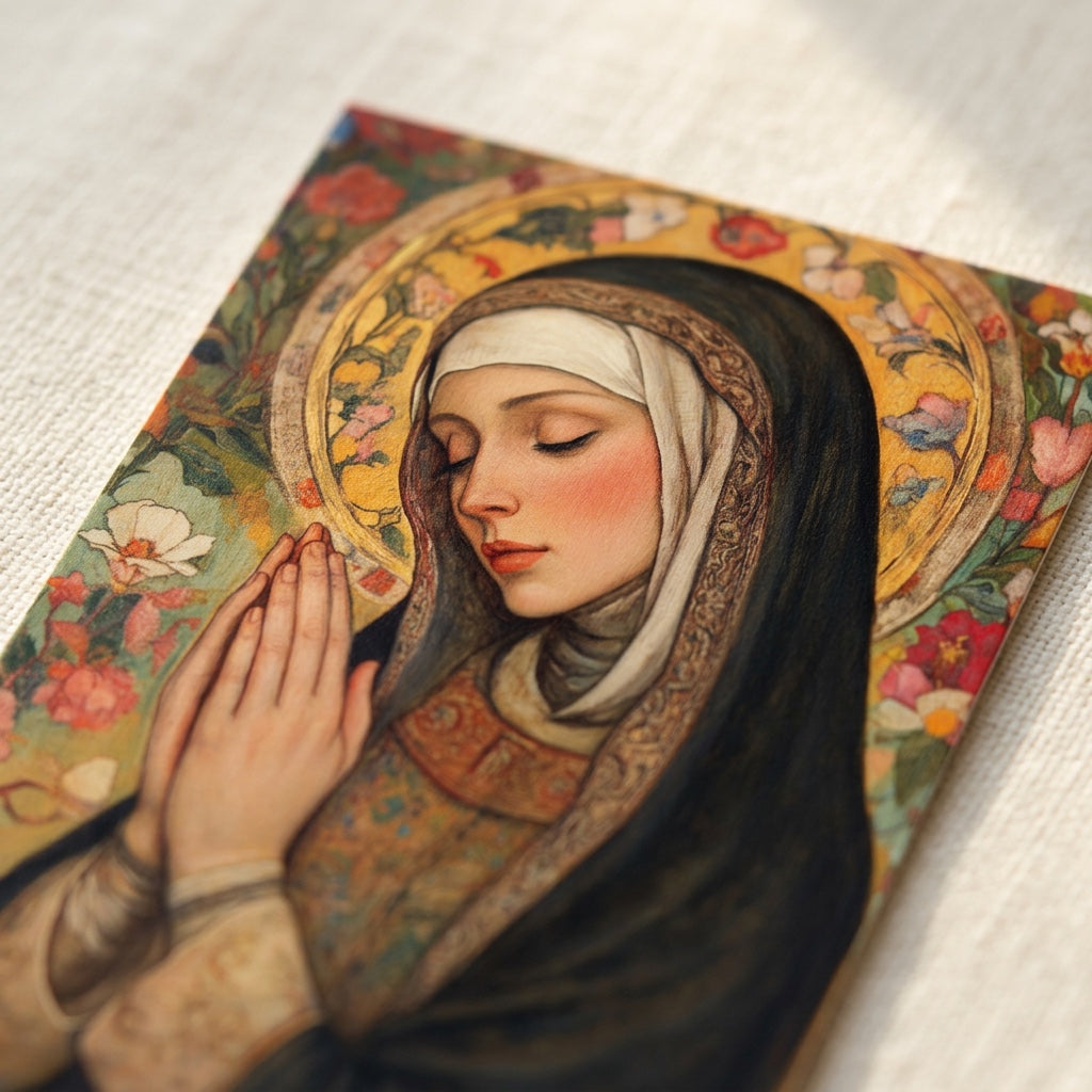 Close-up detail of Saint Rita of Cascia artwork with floral halo