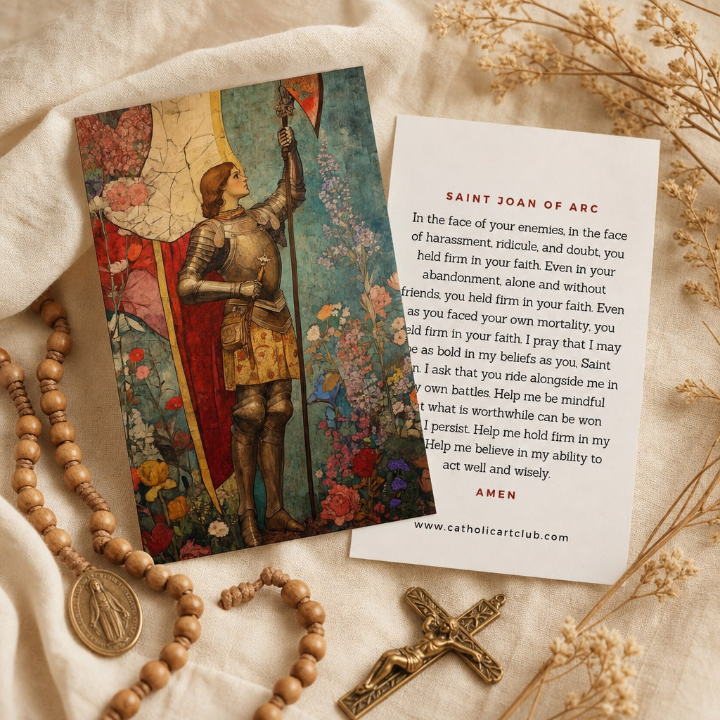 Saint Joan of Arc prayer card front and back with prayer for courage in battle