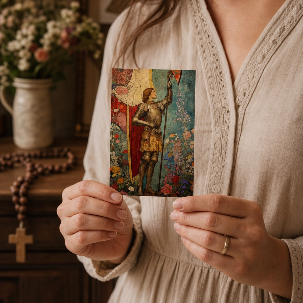 Woman holding Saint Joan of Arc prayer card near rosary and wildflowers