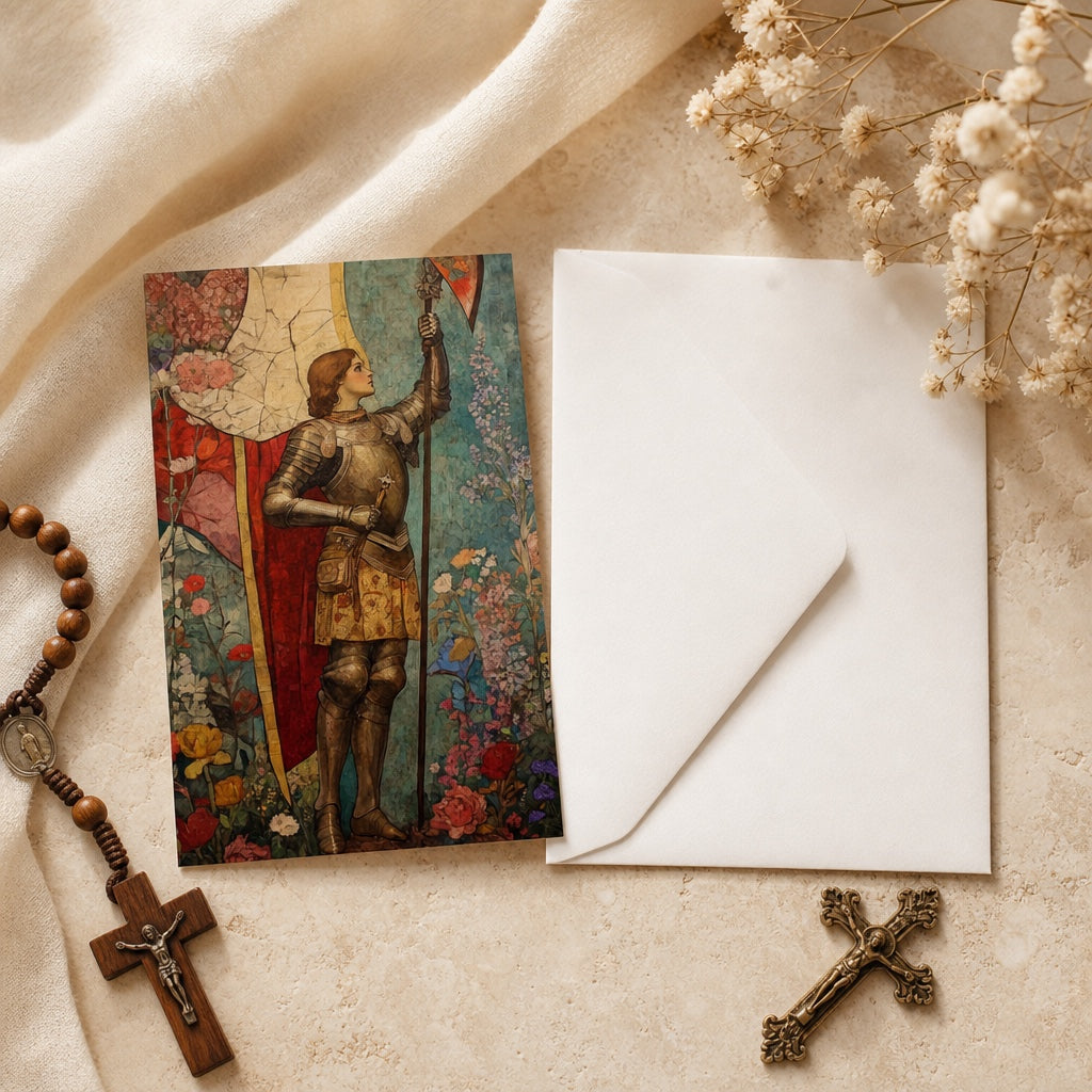 Saint Joan of Arc prayer card with envelope and wooden rosary