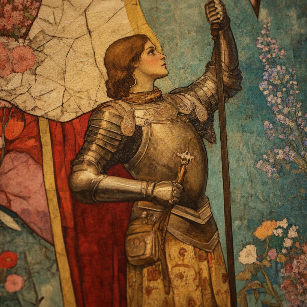 Close-up detail of Saint Joan of Arc in armor holding a banner