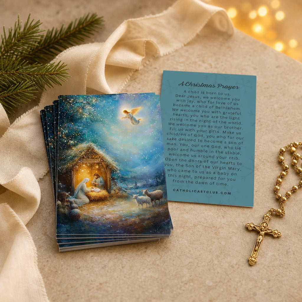 Bundle of Madonna and Child Christmas prayer cards tied with twine