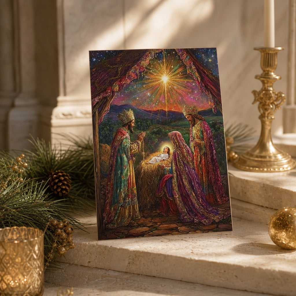 Adoration of the Magi prayer card on a stone step with a gold candlestick and pine: two Wise Men in jewel-toned robes and crowns before the Christ Child beneath a radiant star