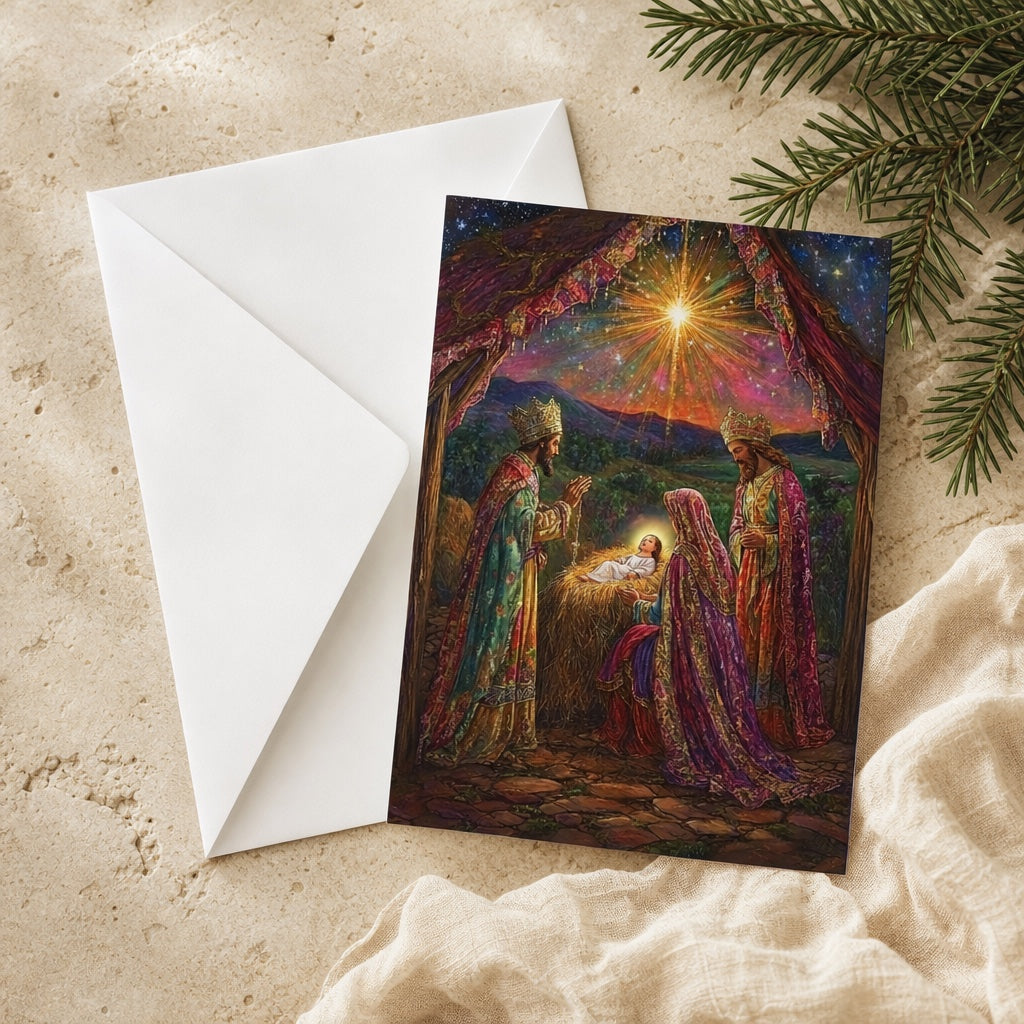 Adoration of the Magi prayer card with a white envelope and pine branch, ready to tuck into a Christmas card