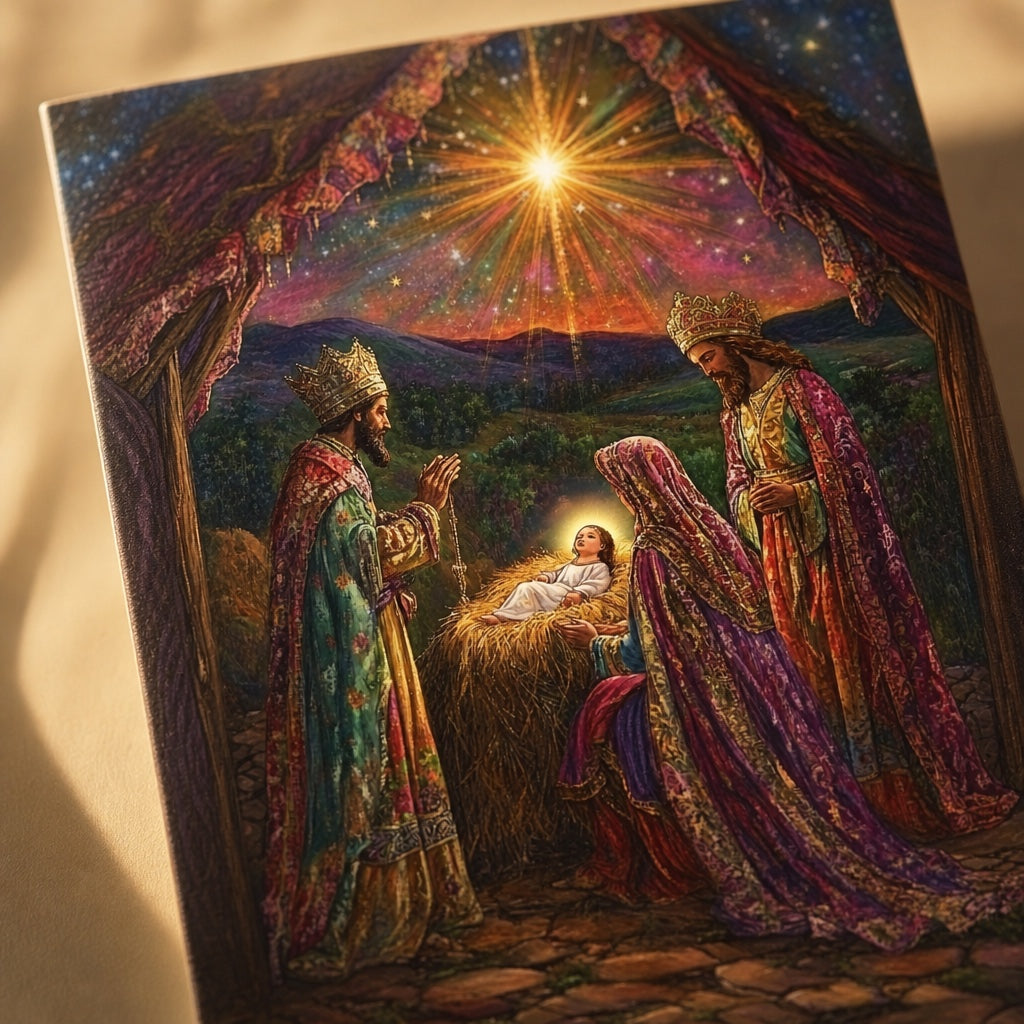 Close-up of the Magi in crowns and patterned robes with Mary kneeling at the glowing manger under the Star of Bethlehem