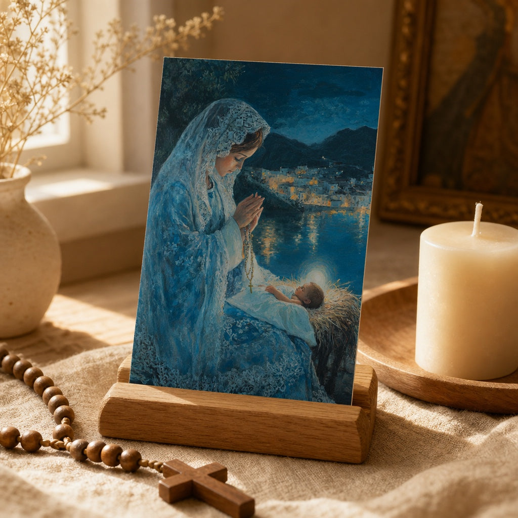 Virgin Mary and Baby Jesus prayer card on a wooden stand with a wooden rosary and pillar candle