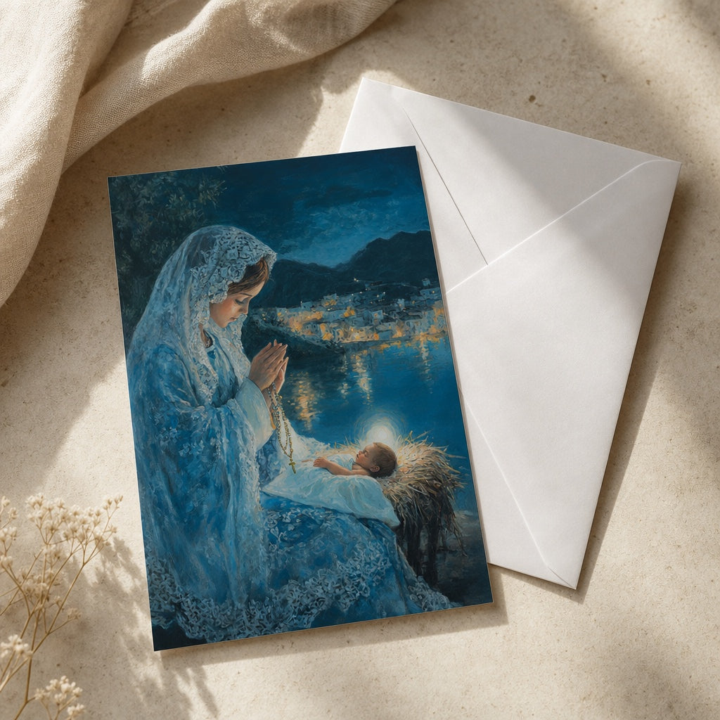Virgin Mary and Baby Jesus prayer card with a white envelope and dried flowers, ready to tuck into a Christmas card