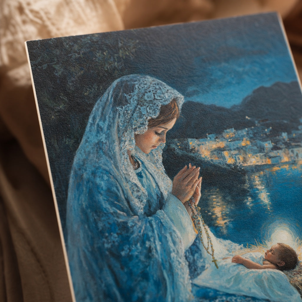 Close-up of Mary in a blue lace veil with folded hands and rosary, the Christ Child glowing in the manger and village lights reflected in the water