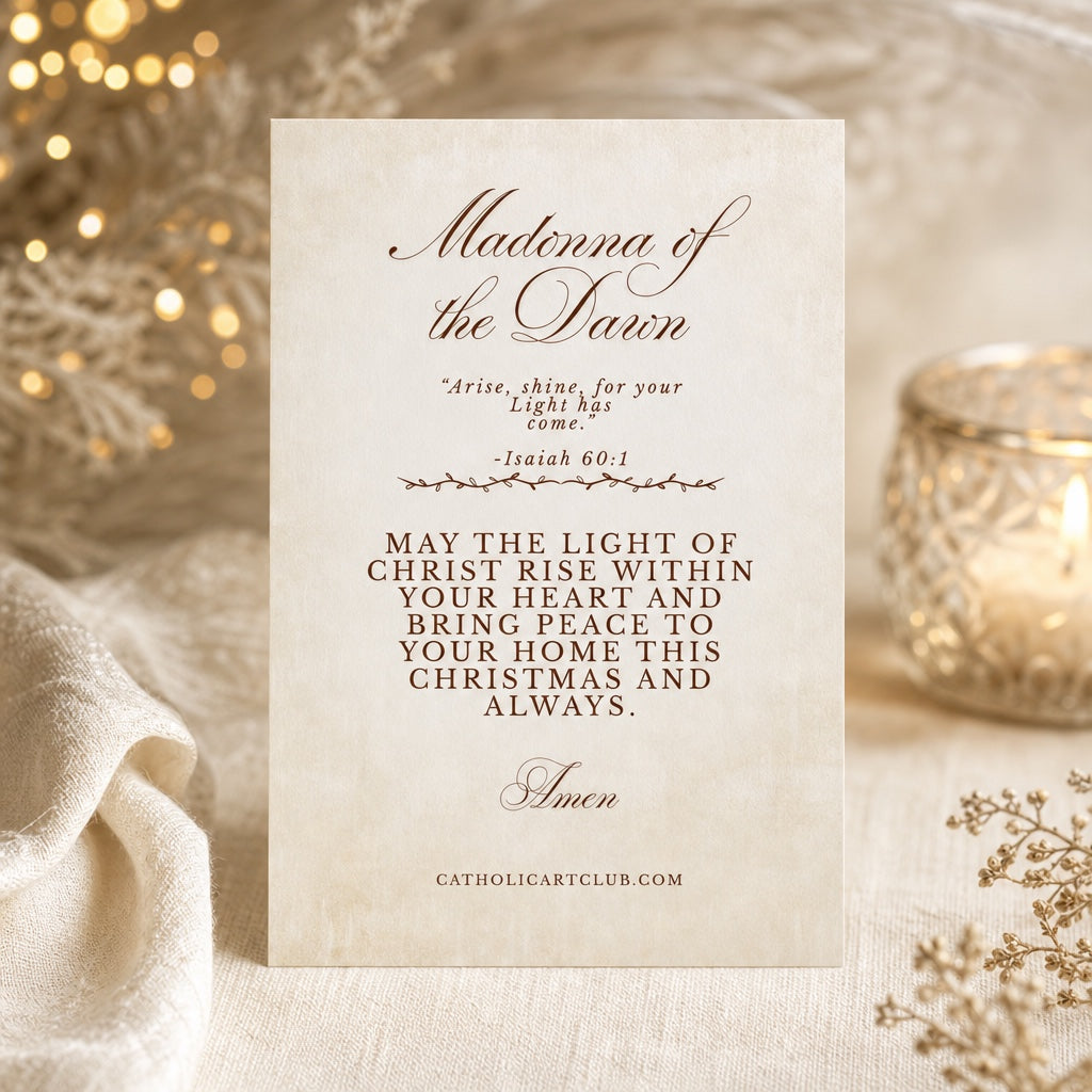 Back of Madonna of the Dawn card with Isaiah 60:1 verse and a Christmas blessing