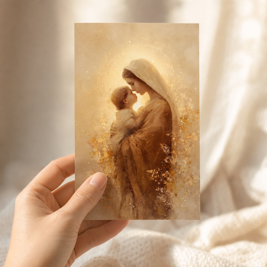 Hand holding a 4x6 Madonna and Child Christmas card in warm golden watercolor style