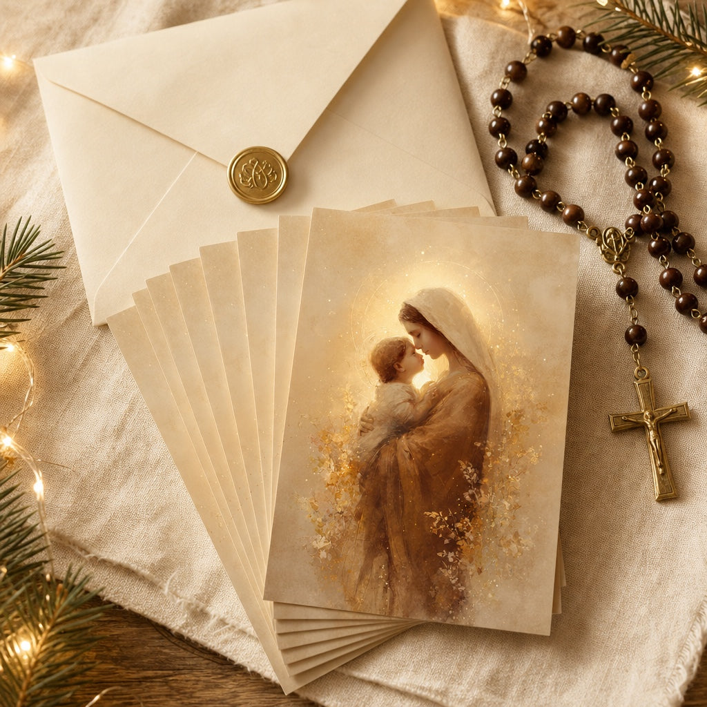 Madonna of the Dawn Christmas cards fanned out with a wax-sealed envelope and wooden rosary