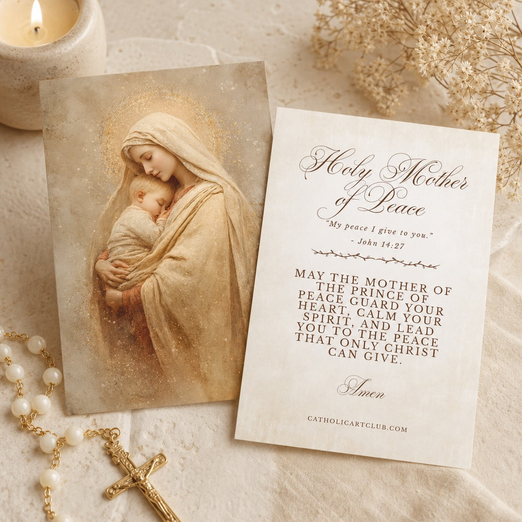 Front and back of Holy Mother of Peace card with John 14:27 and blessing, with candle and pearl rosary