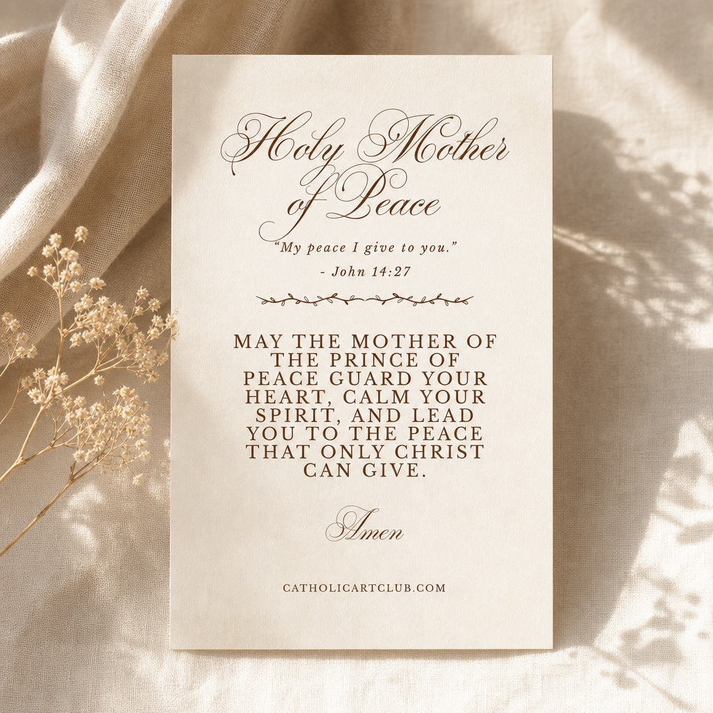 Back of Holy Mother of Peace card with John 14:27 verse and a blessing for peace