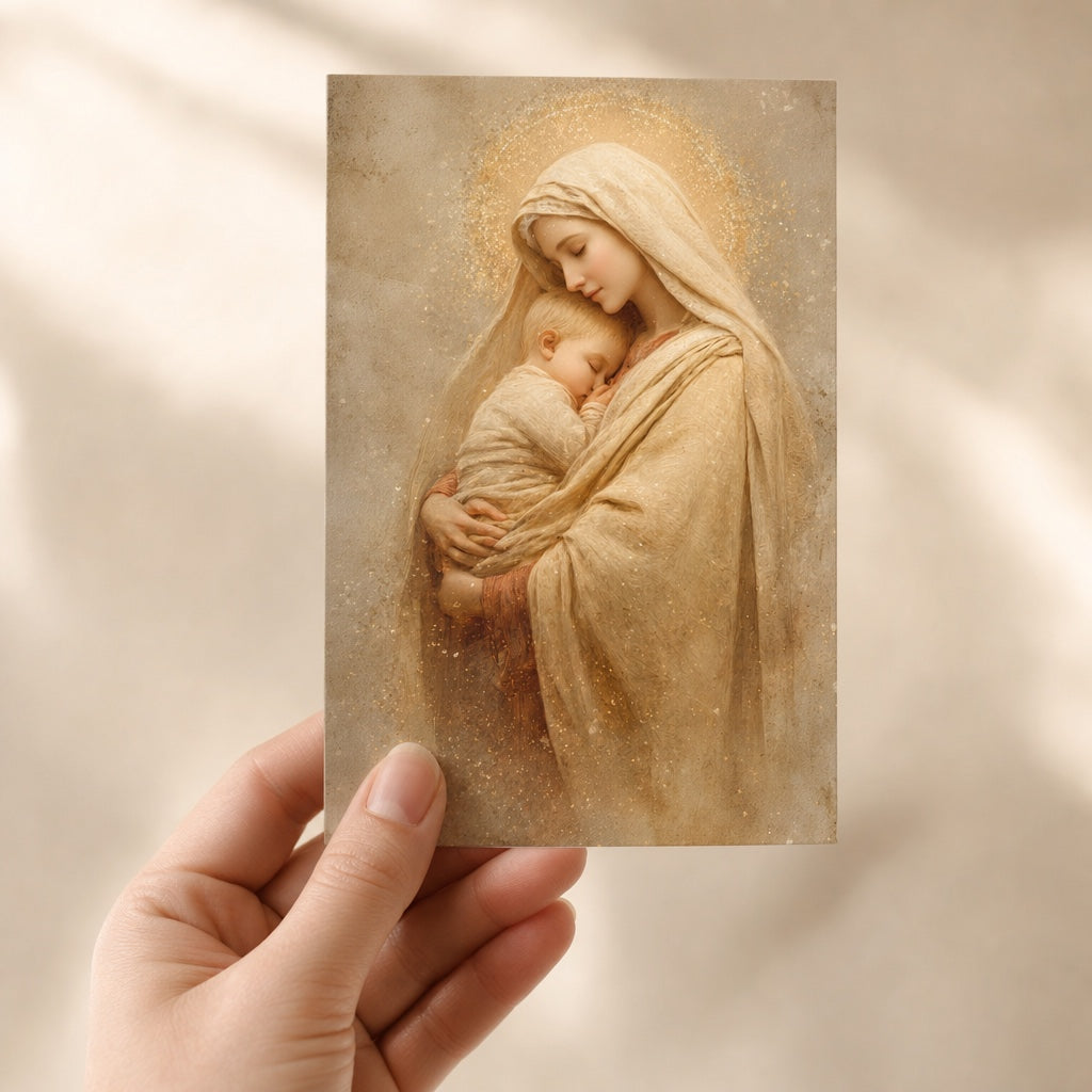 Hand holding a 4x6 Holy Mother of Peace prayer card in soft gold and cream tones