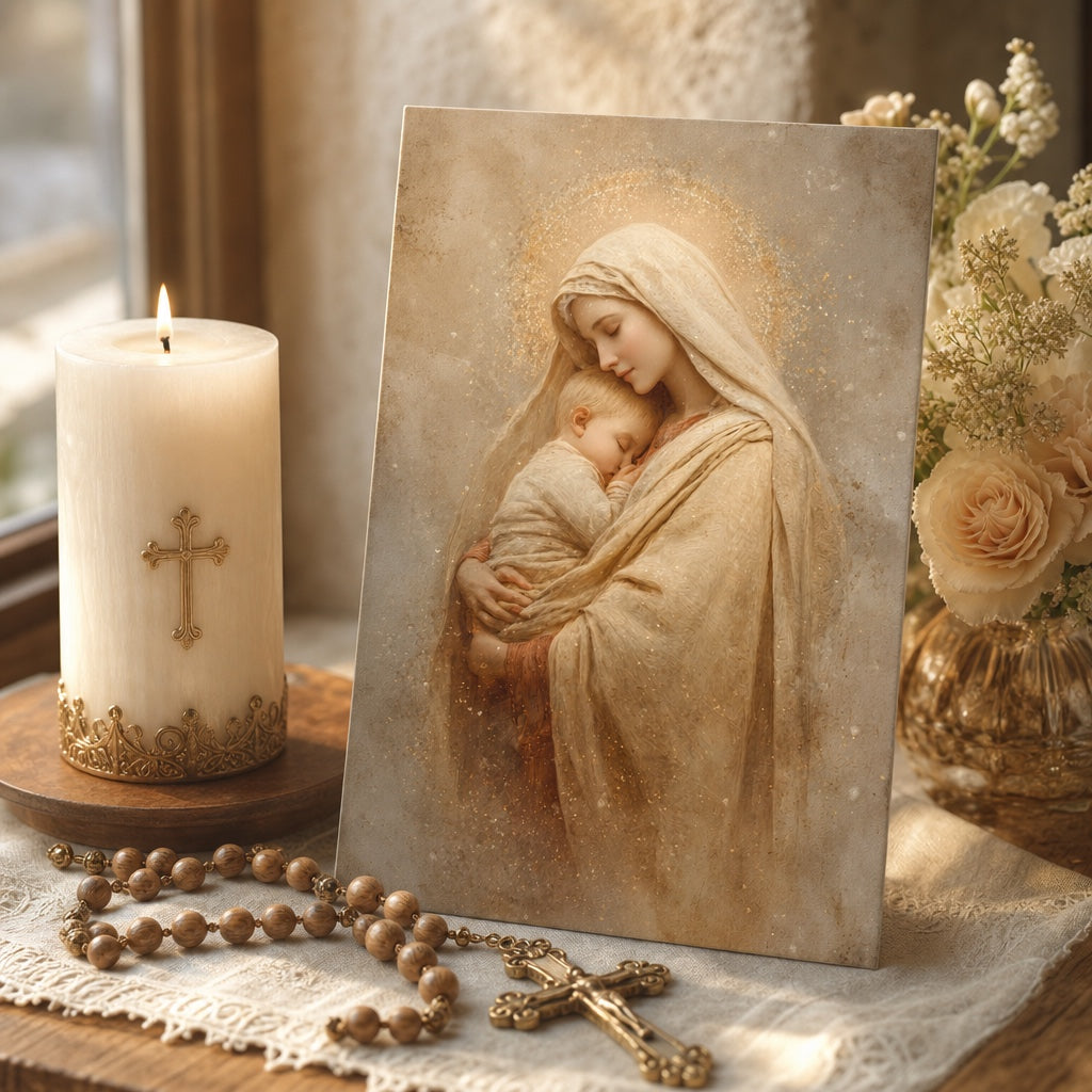Holy Mother of Peace card on a home altar with cross candle, wooden rosary and roses