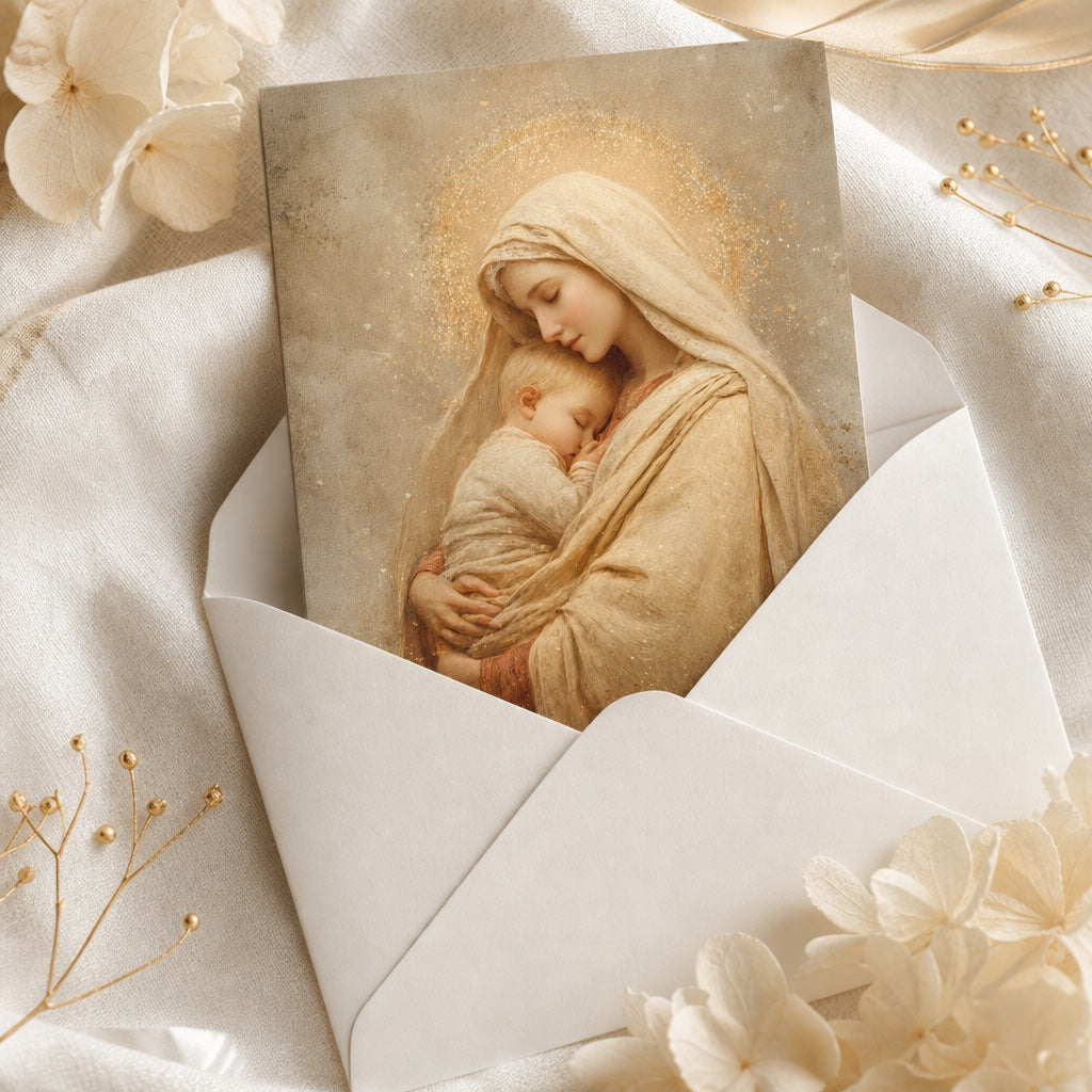 Holy Mother of Peace card in a white envelope with cream hydrangea petals