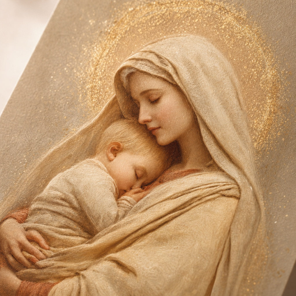 Close-up of the Virgin Mary holding the sleeping Christ Child with golden halo, Holy Mother of Peace art