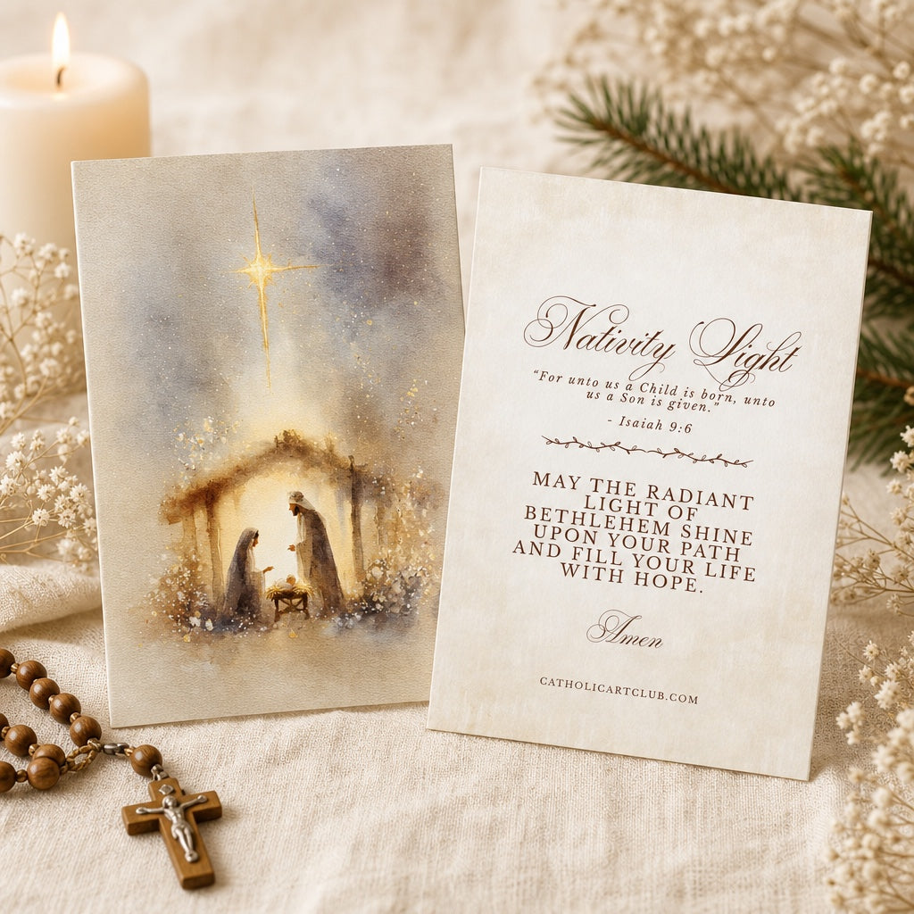 Front and back of Nativity Light card with Isaiah 9:6 and a blessing, with candle and wooden rosary