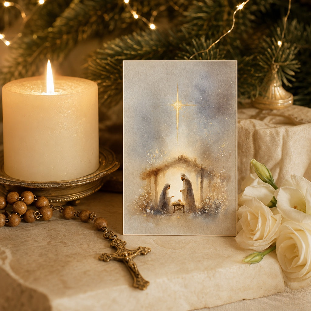 Nativity Light card on a Christmas altar with pillar candle, wooden rosary and white roses