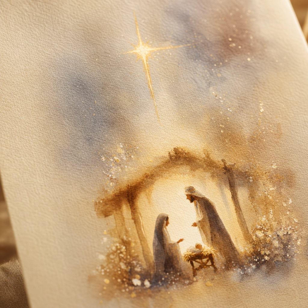 Close-up of watercolor Holy Family in the stable beneath the golden Star of Bethlehem