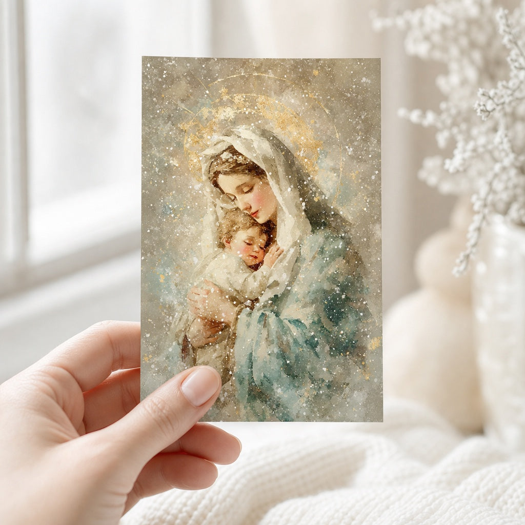 Hand holding a 4x6 Christmas card of the Virgin Mary cradling baby Jesus in falling snow