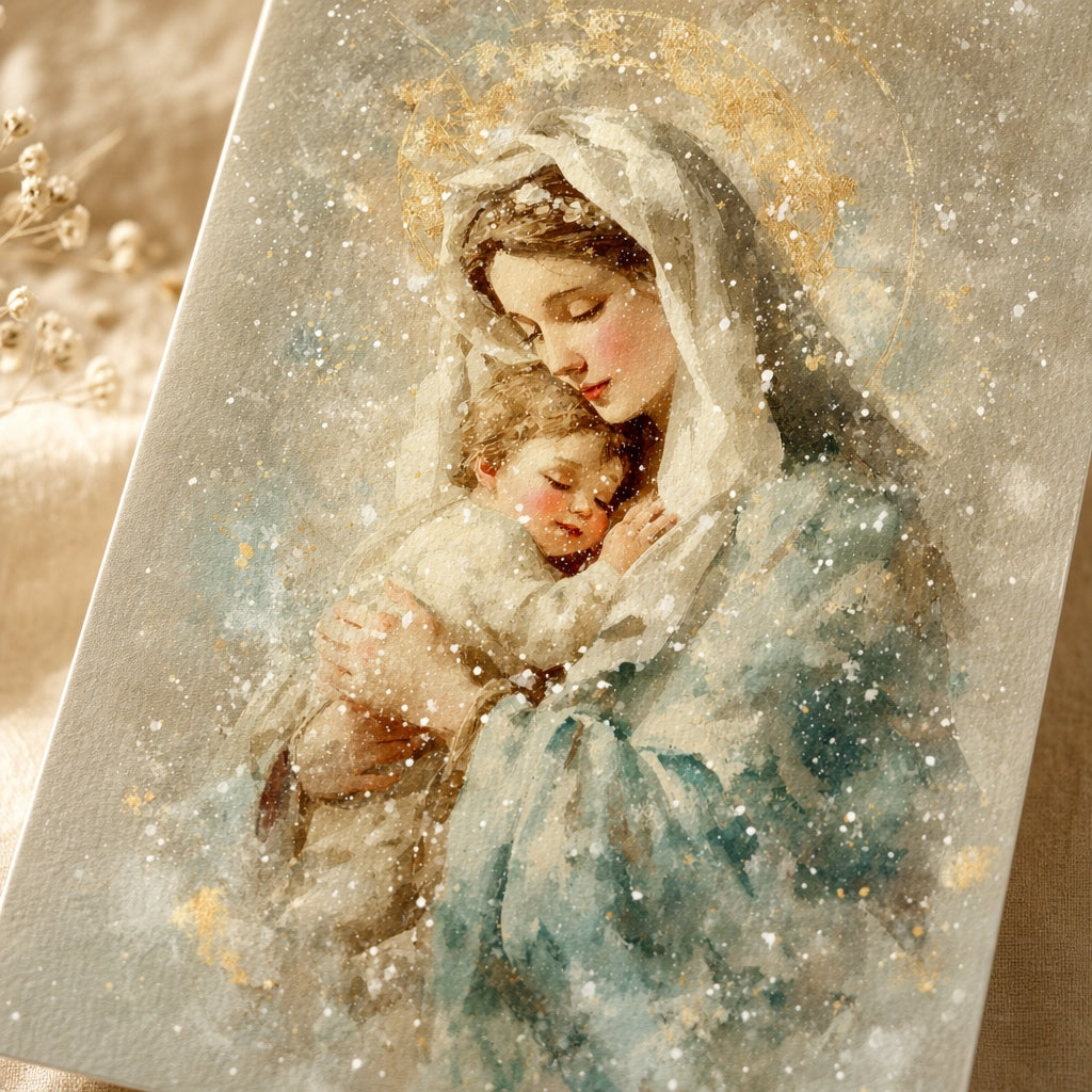 Close-up of the Virgin Mary embracing baby Jesus with golden halo and falling snow, watercolor art