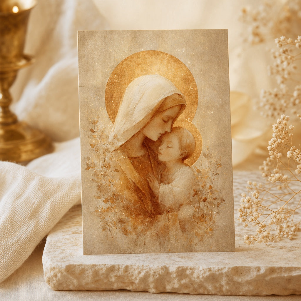 Mother of Tenderness prayer card with Mary and the Holy Child in warm gold, on stone beside a brass candlestick
