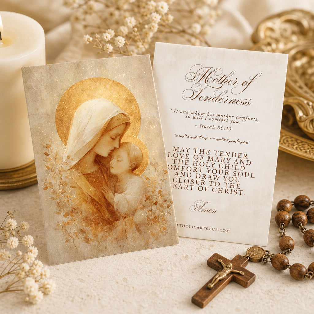 Front and back of Mother of Tenderness card with Isaiah 66:13 and blessing, with candle and wooden rosary