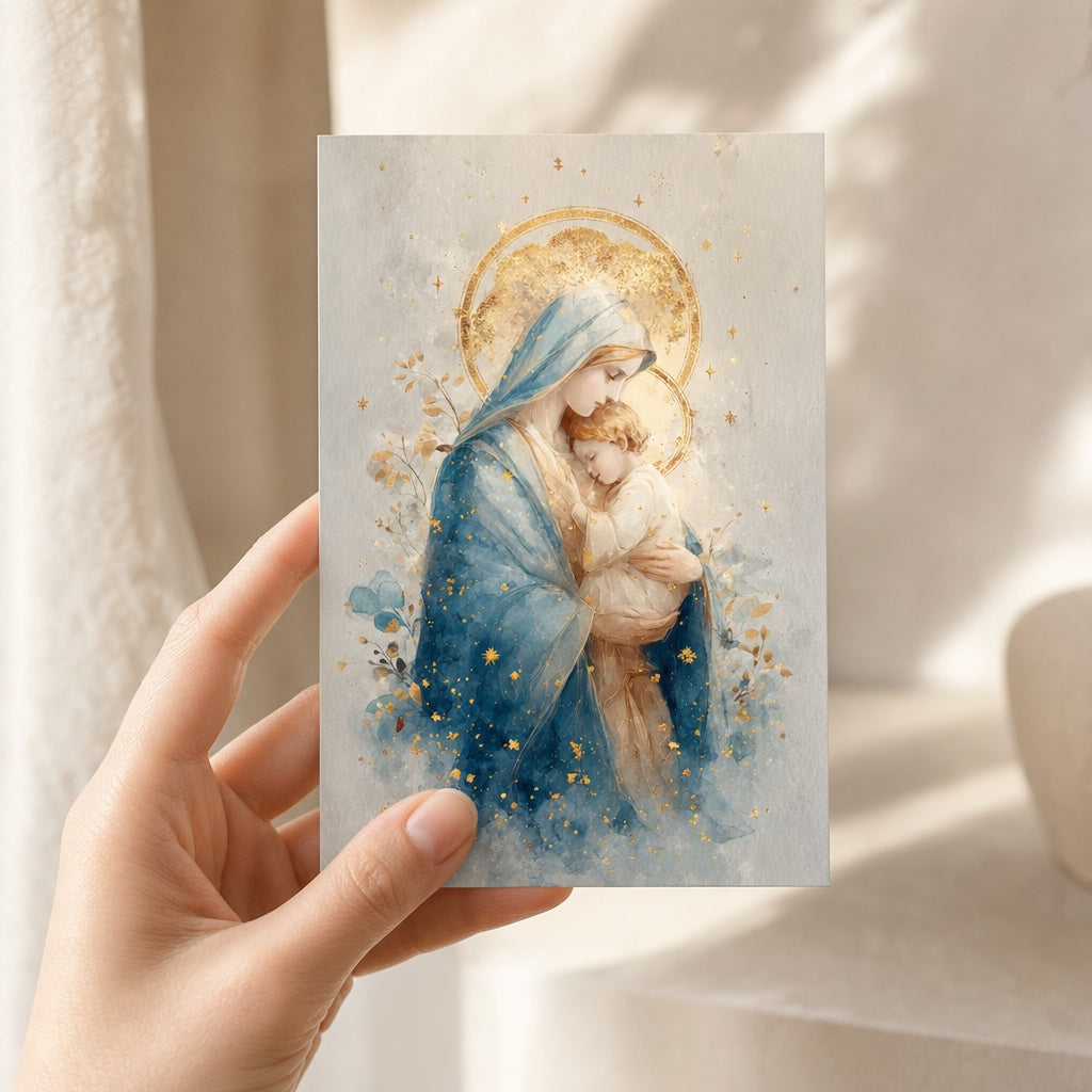 Hand holding a 4x6 Mary Queen of Heaven prayer card in blue and gold watercolor