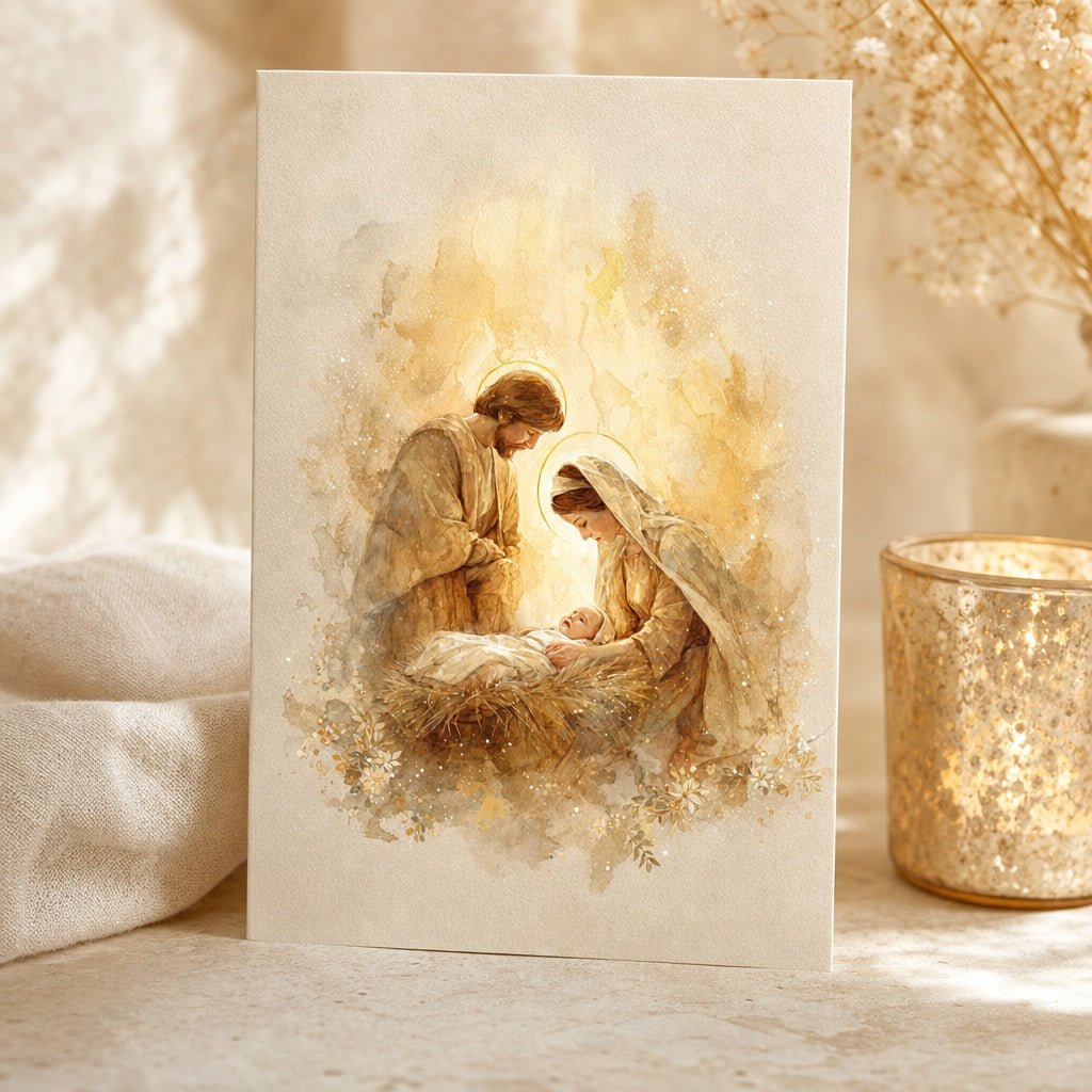 Holy Family Christmas card with Mary and Joseph over baby Jesus in the manger, beside a gold candle holder