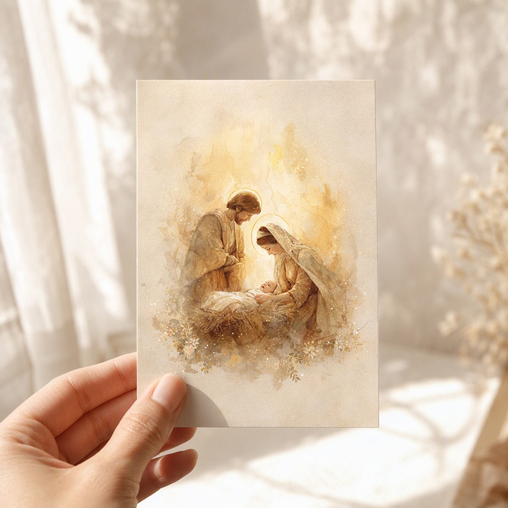 Hand holding a 4x6 Holy Family Christmas card in warm gold watercolor