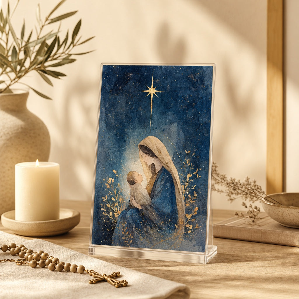 Virgin of the Midnight Star card in an acrylic stand on a home altar with candle and rosary