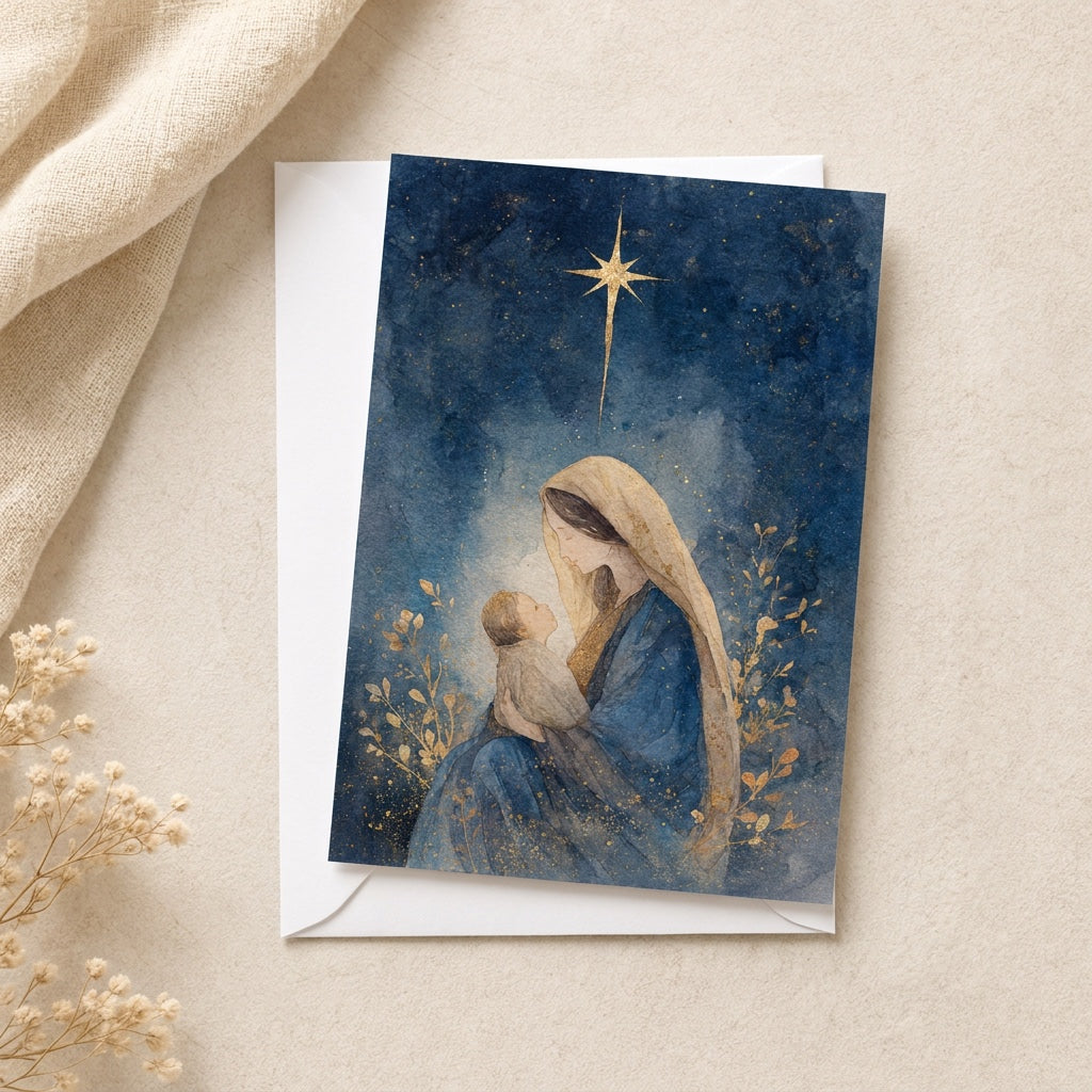 Deep blue Madonna and Child Christmas card on a white envelope with dried flowers