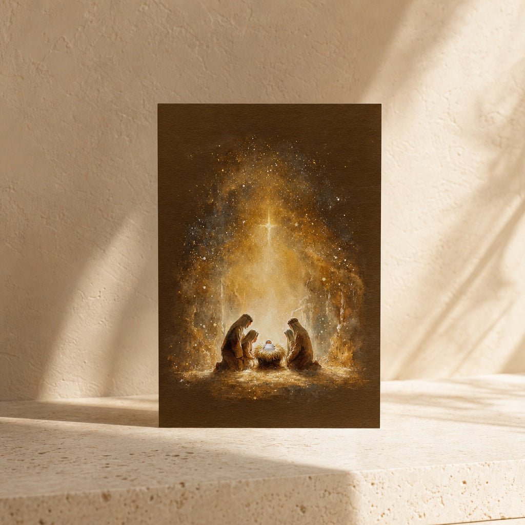 Adoration of the Shepherds Christmas card on travertine stone, shepherds at the manger beneath a radiant star
