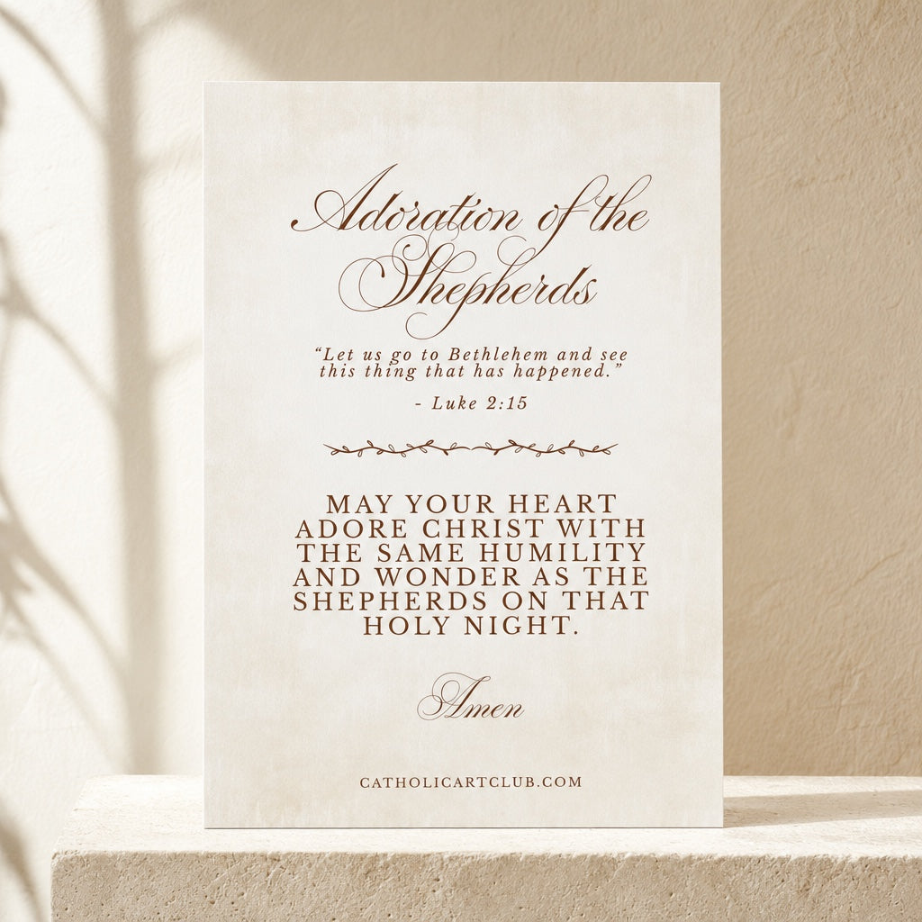 Back of Adoration of the Shepherds Christmas card with Luke 2:15 verse and blessing