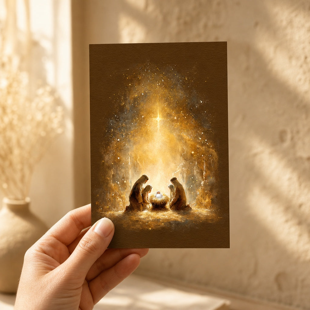 Hand holding a 4x6 Adoration of the Shepherds Christmas card in warm golden light