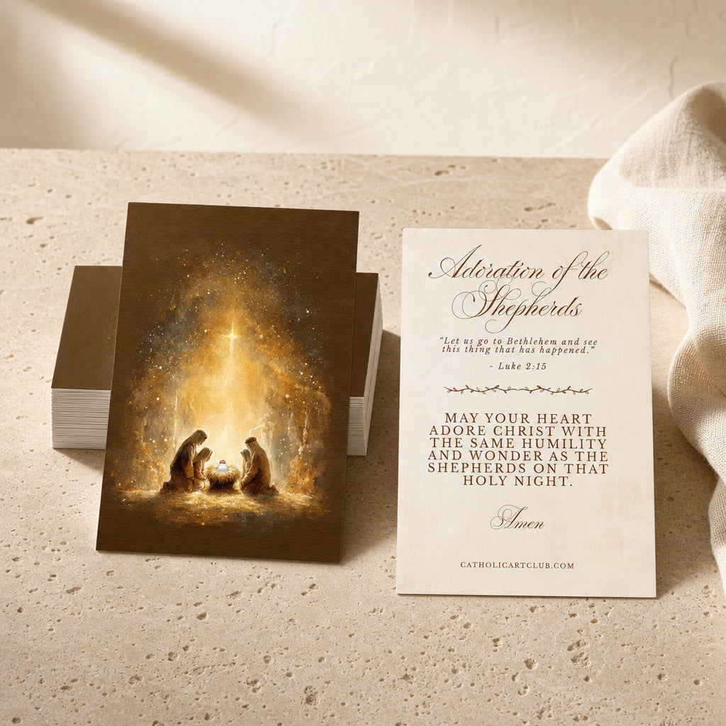Stack of Adoration of the Shepherds Christmas cards beside the card back with Luke 2:15