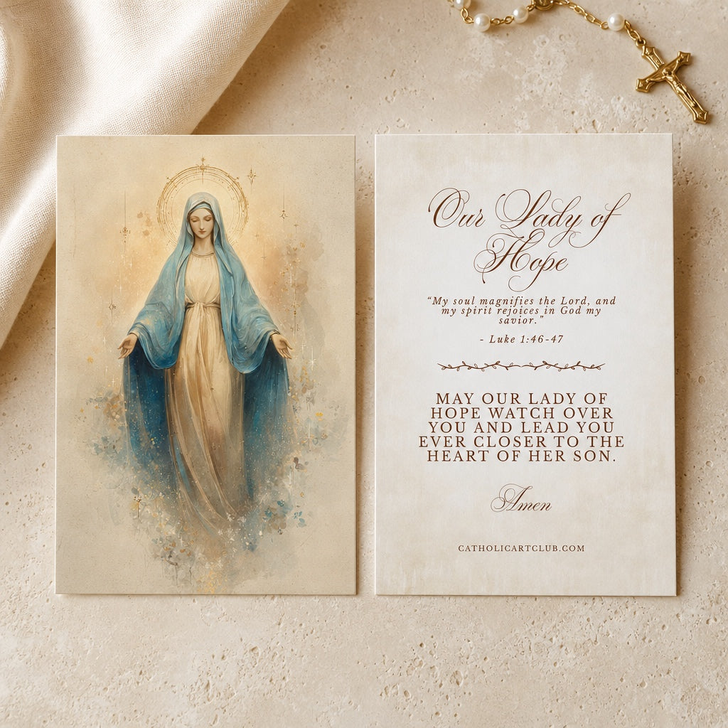 Front and back of Our Lady of Hope card with the Magnificat, Luke 1:46-47, and a Marian blessing