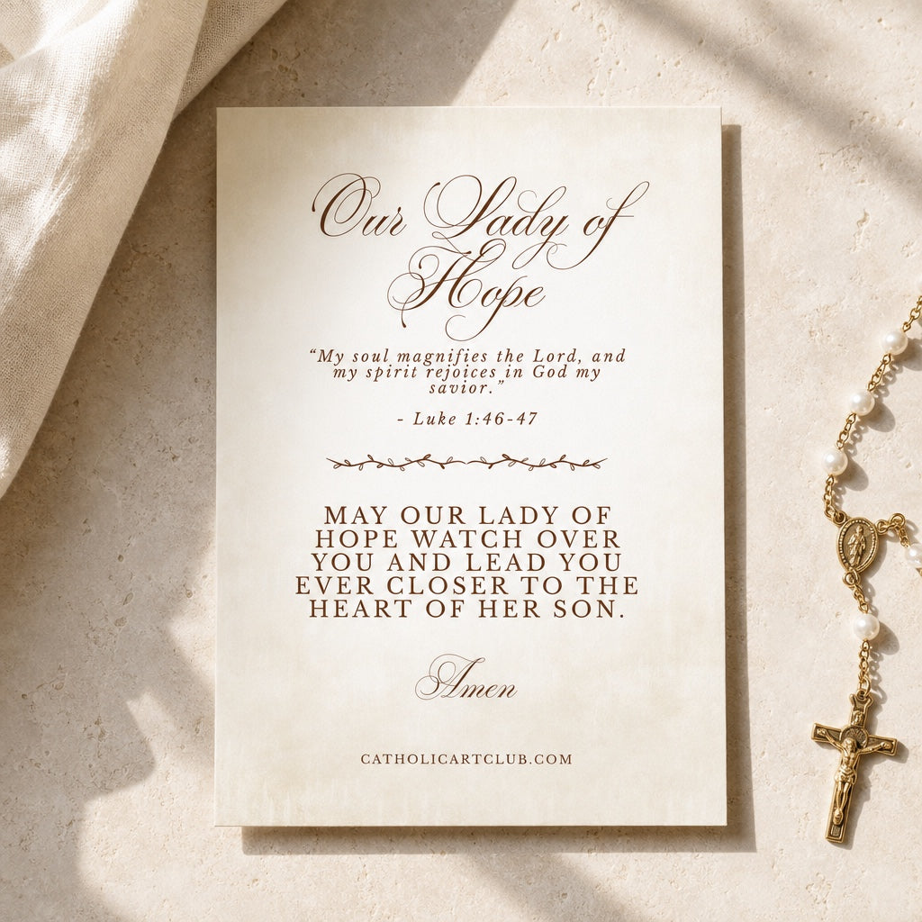Back of Our Lady of Hope prayer card with the Magnificat verse and blessing, beside a pearl rosary