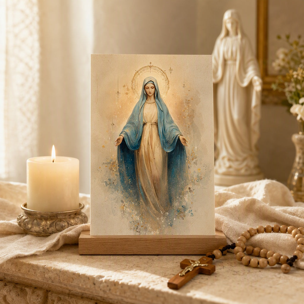 Our Lady of Hope card in a wooden stand on a home altar with candle, rosary and Marian statue