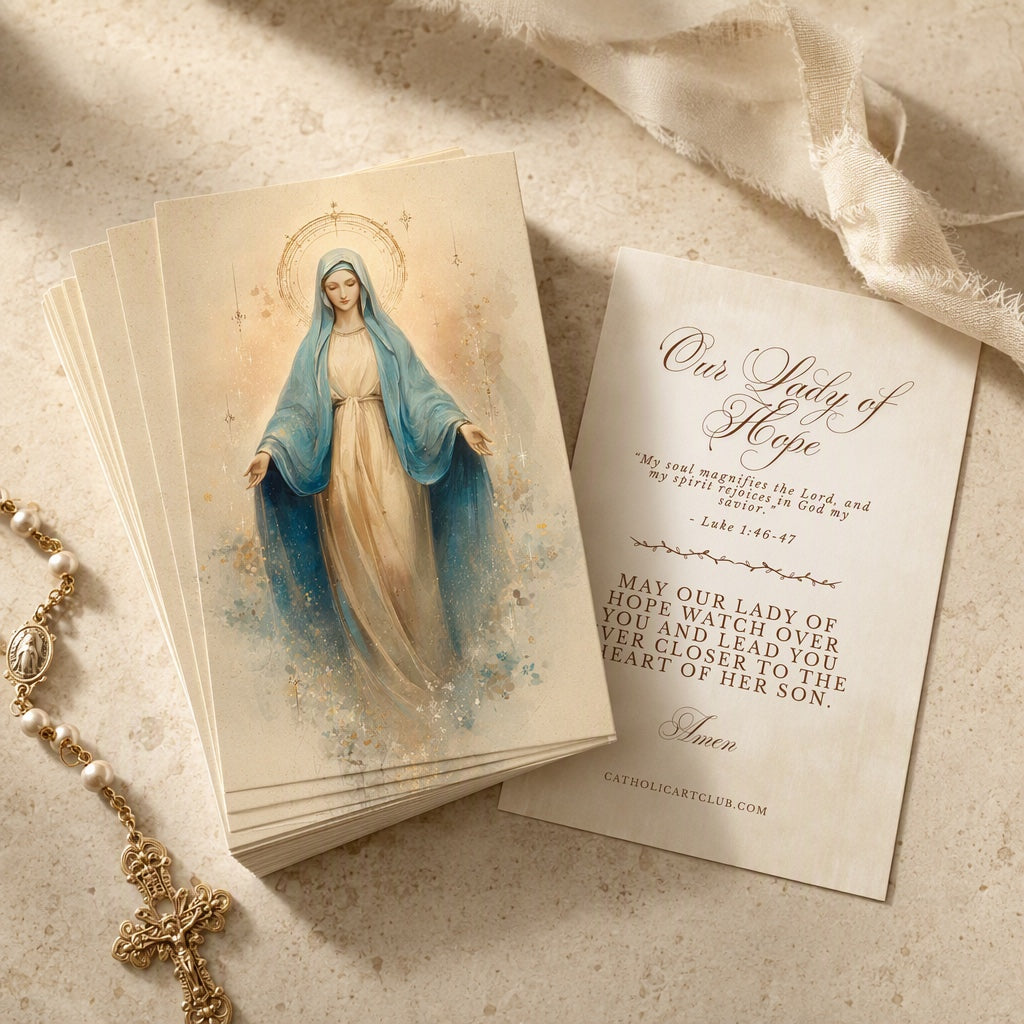 Stack of Our Lady of Hope Magnificat prayer cards beside the card back and a pearl rosary