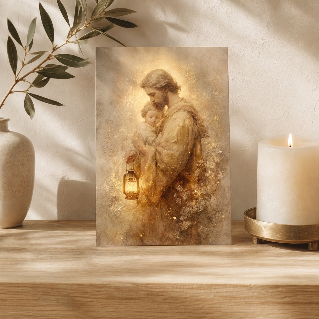 St. Joseph Guardian of Light prayer card on a wooden shelf with a pillar candle, ceramic vase and olive branch