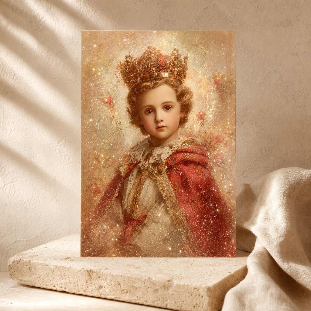 Infant Jesus of Prague prayer card on a travertine block: the Christ Child with a golden crown, red cape and lace collar against a sparkling gold background