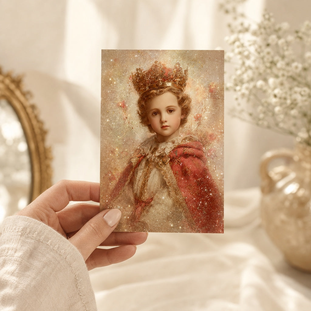 Hand holding a 4x6 Infant Jesus of Prague Christmas prayer card beside baby's breath and a gold mirror