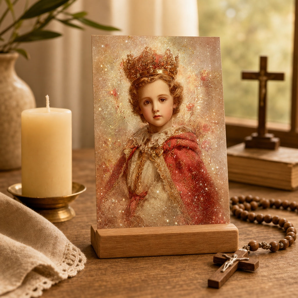 Infant Jesus of Prague prayer card on a wooden stand with a candle, crucifix and wooden rosary