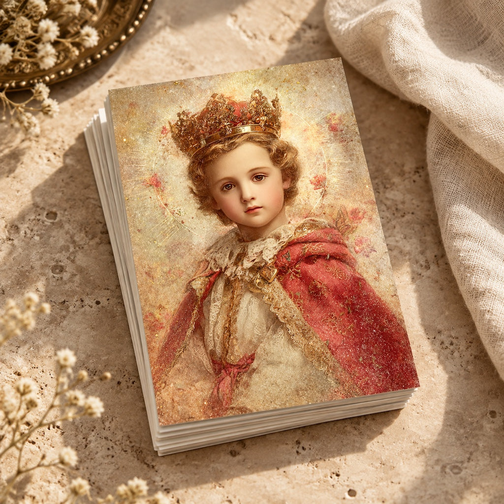 Stack of Infant Jesus of Prague Christmas prayer cards on travertine with linen and baby's breath