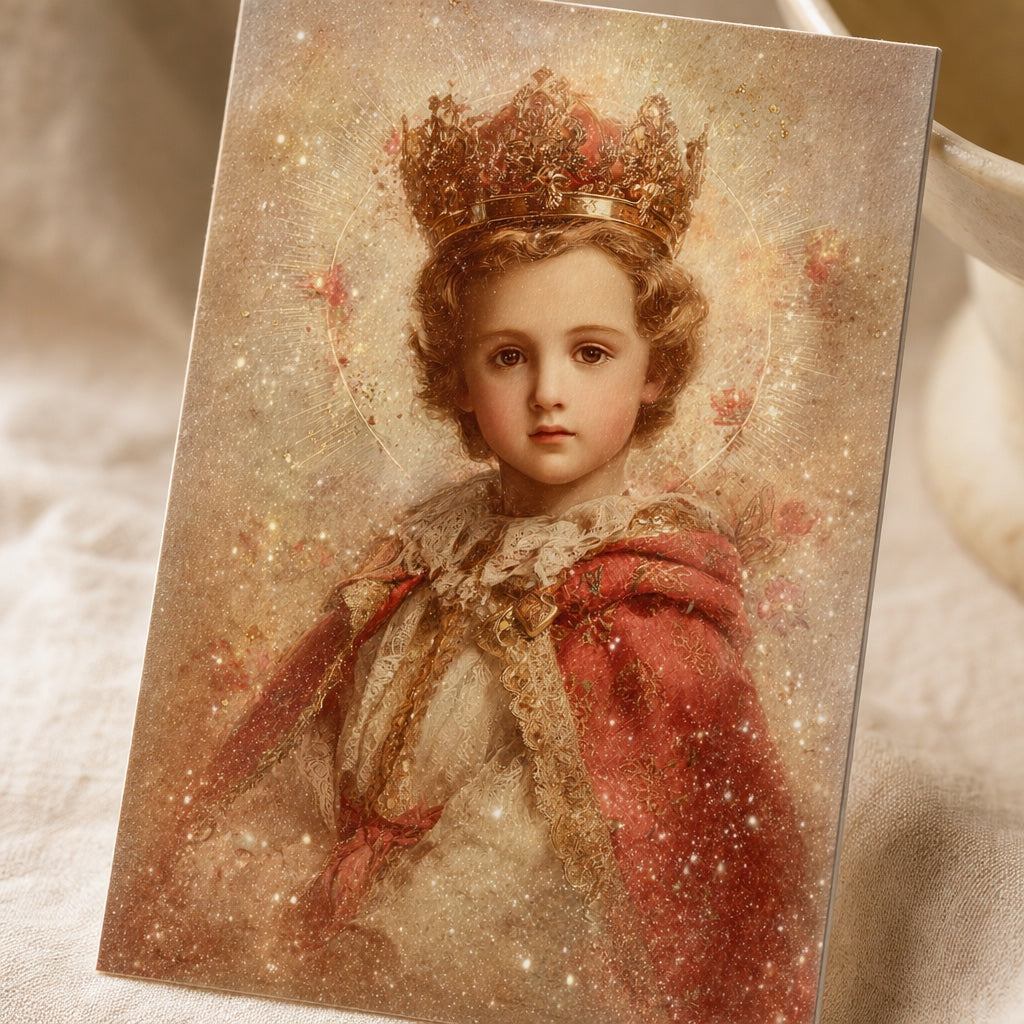 Close-up of the Infant King with golden crown, halo, red brocade cape and lace collar